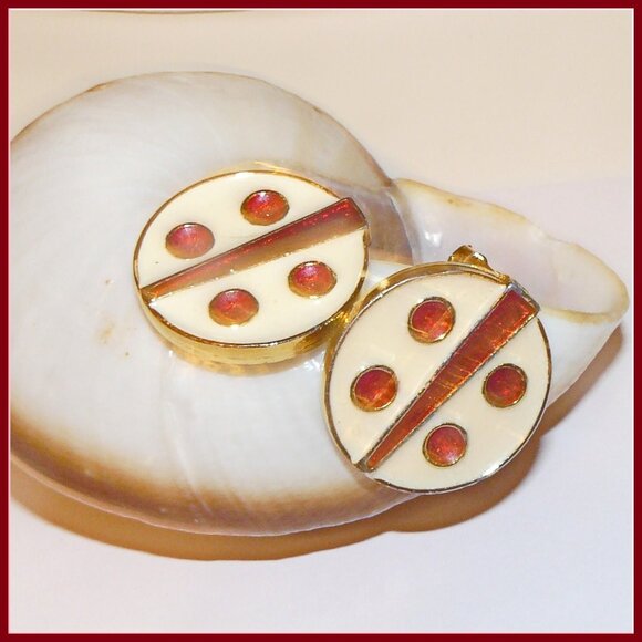 Clip On Earrings Red, White and Gold - Picture 1 of 3